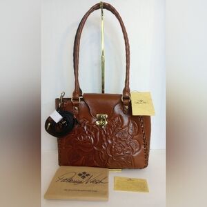 NWT Patricia Nash Rosalia Rose Tooled Leather Crossbody Satchel Purse, Tan Brown